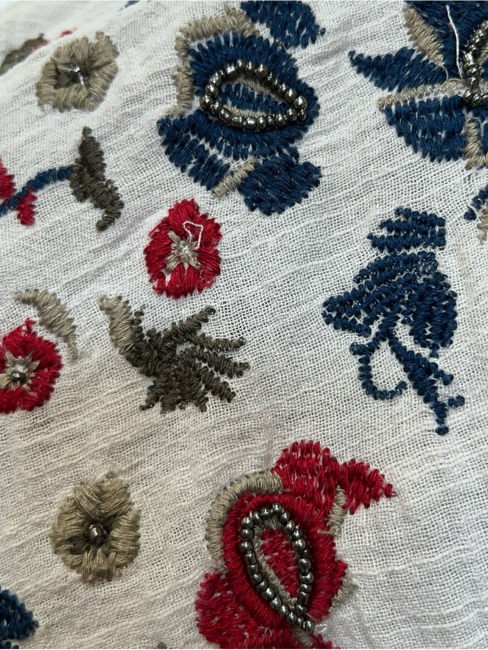 intro Cotton Oatmeal Embroidered Floral Bell Sleeve Blouse Top Sz L Boho Cottage - Picture 6 of 14